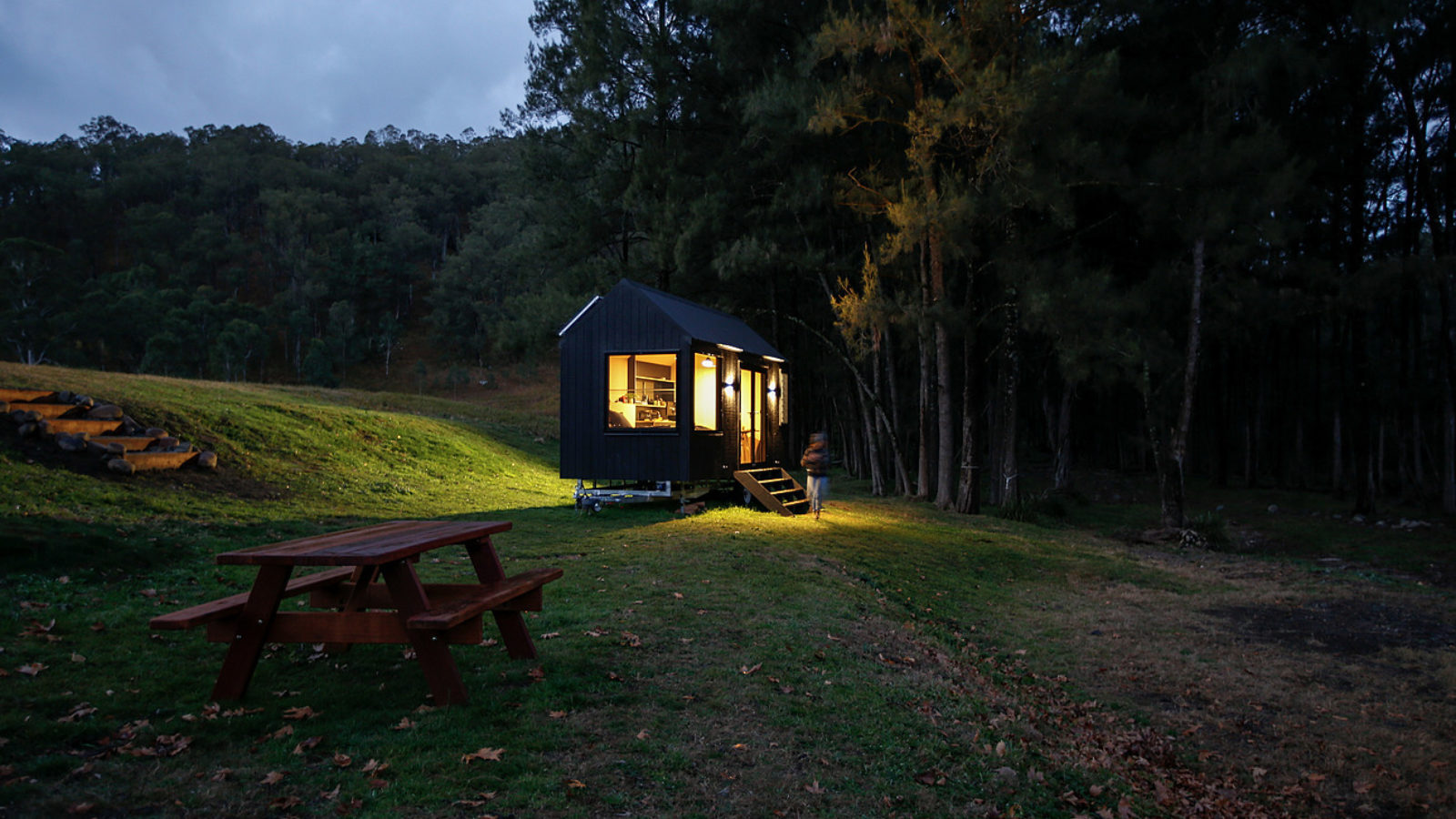 Barrington Eco Hut exterior at dusk
