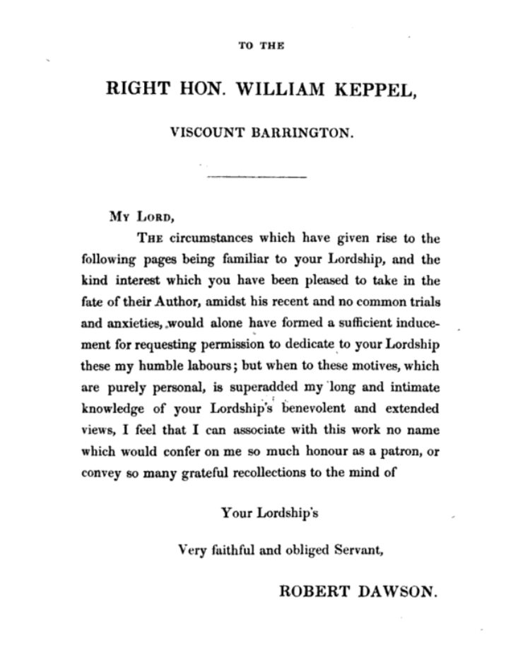 Dedication to the 6th Viscount Barrington by Robert Dawson in his book: The Present State of Australia (published 1831)