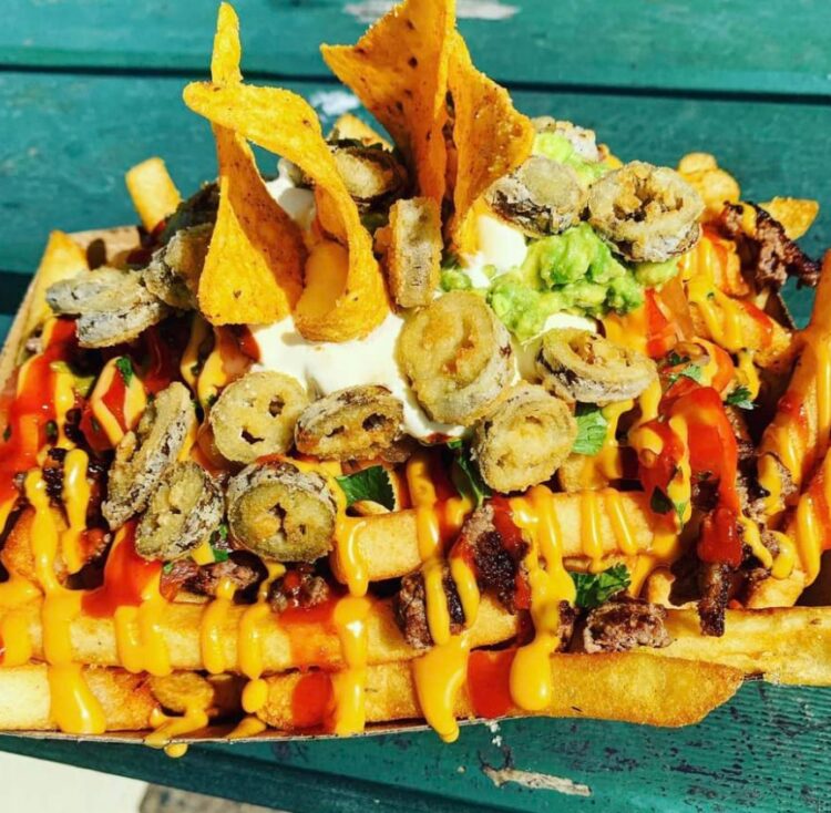 Mexican loaded fries at Blowfish Cafe, by the beach at Old Bar.