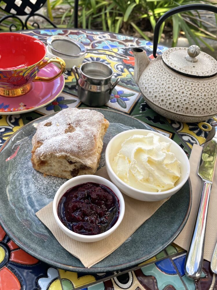 Devonshire tea with a delicious twist: date scone with rhubarb berry compote.