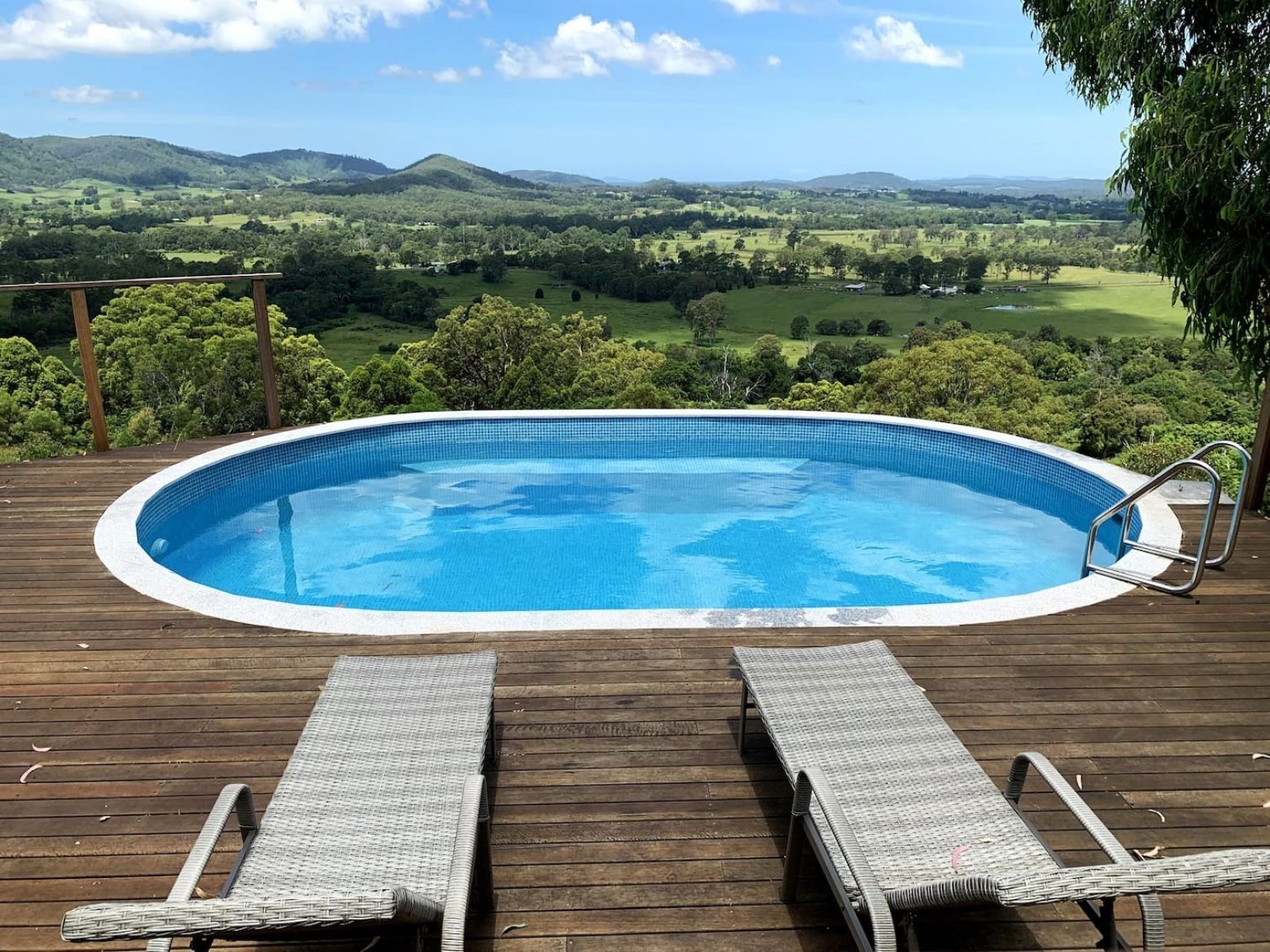 Dungannon Eco Retreat pool with view at Krambach.