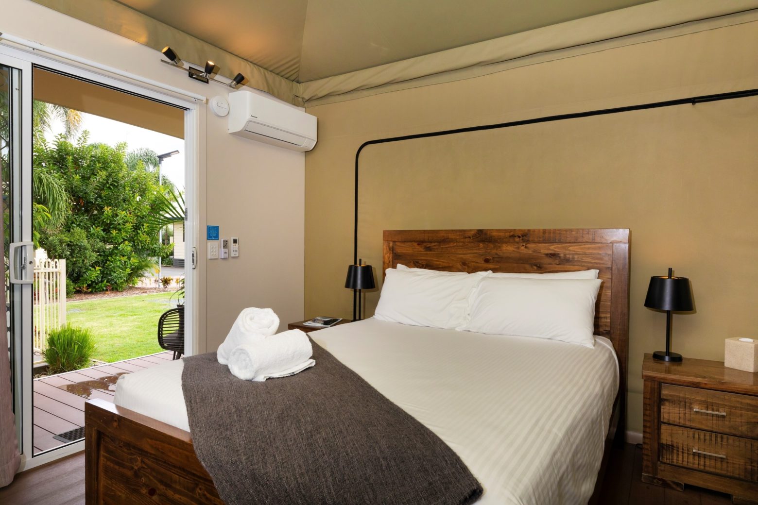 Glamping tent interior at NRMA Forster Tuncurry Holiday Park